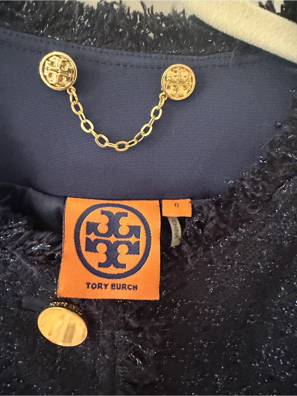 Tory Burch Navy Tweed Jacket with Gold Chain Buttons